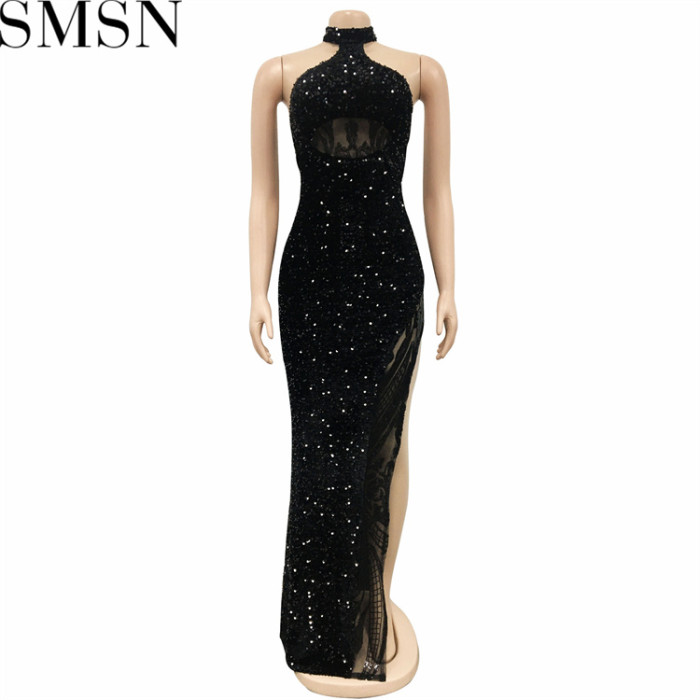 Plus Size Dress Amazon Sequin See-through Solid Color Sleeveless Halter Dress