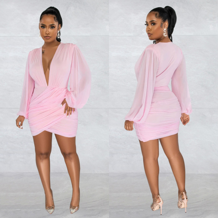 Women'S Solid Color Sexy V-Neck Long-Sleeved Pleated Dress