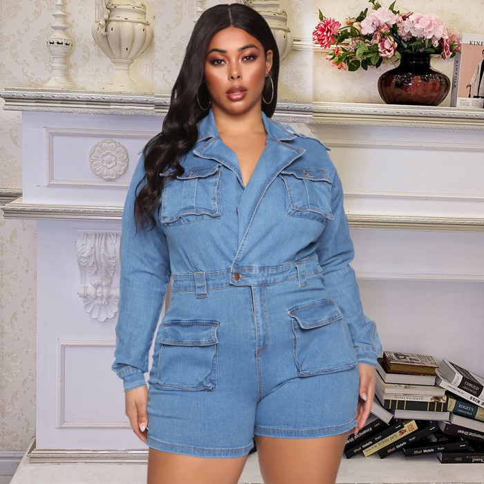 Washed casual denim one-piece shorts