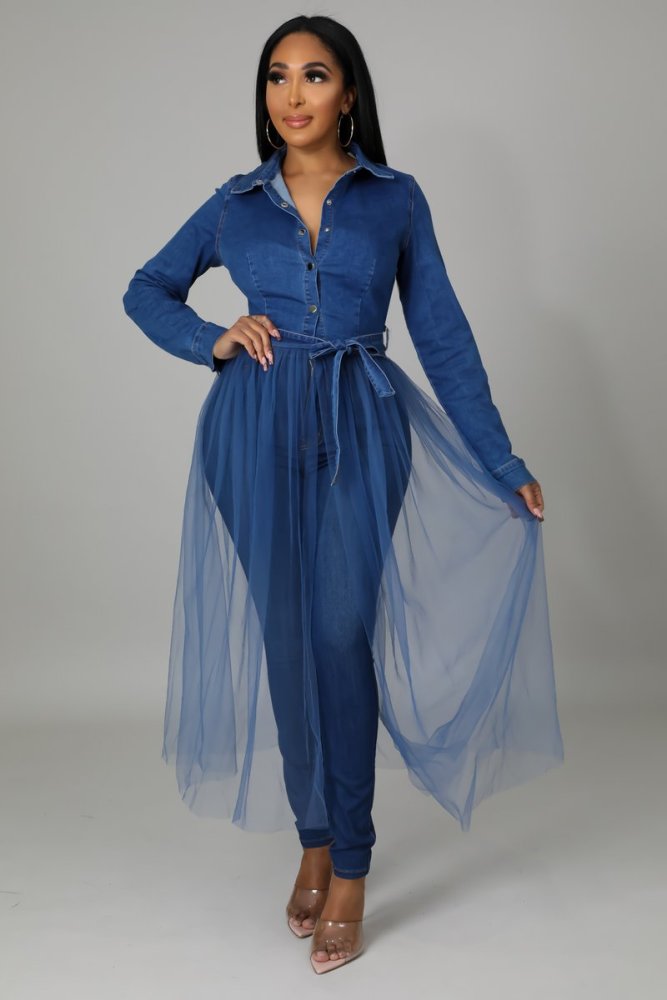 Denim stitched mesh long windbreaker