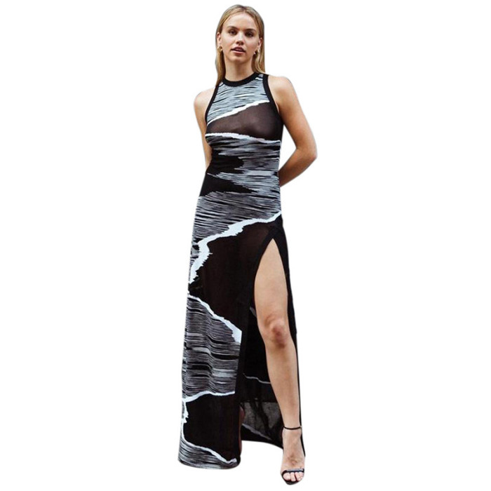 Mesh Printed Sleeveless Round Neck Slim Fitting Slit Long Dress
