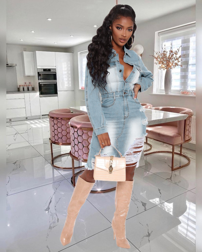 Fashion ripped denim dress
