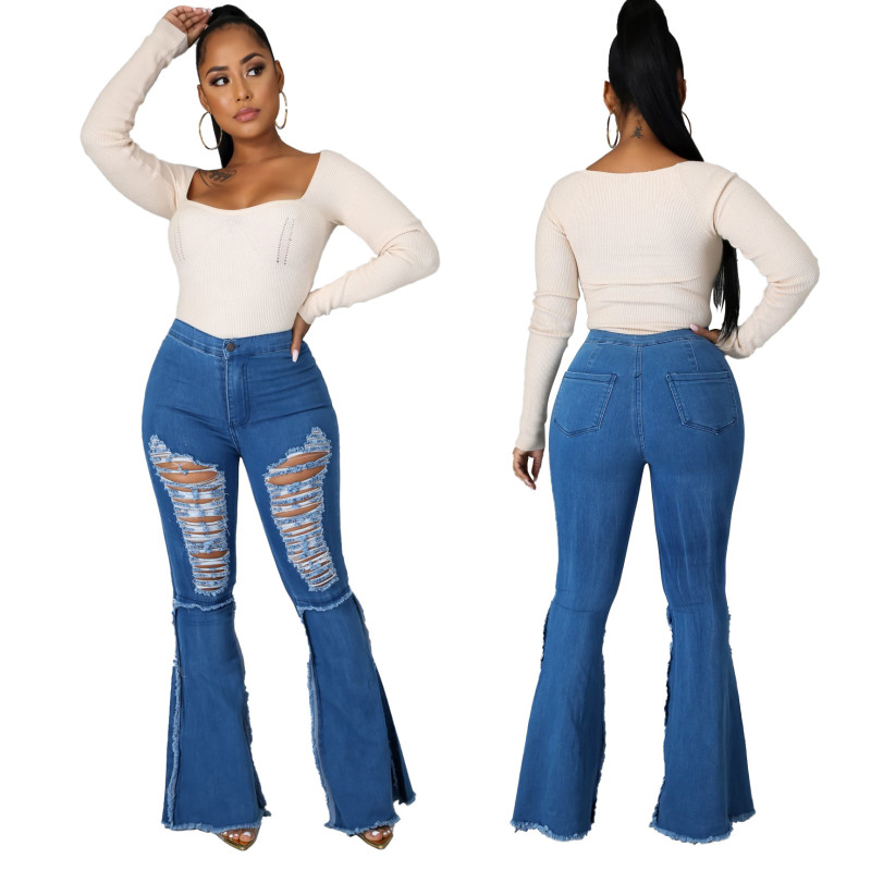 Fashion stitching hole washed jeans flared pants