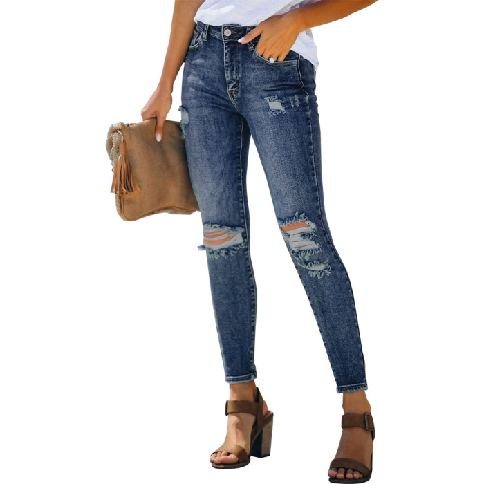 Hole washing slim elastic denim Leggings