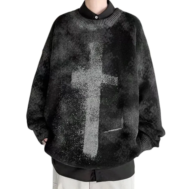 Dark Tie Dye Cross Knitted Sweater