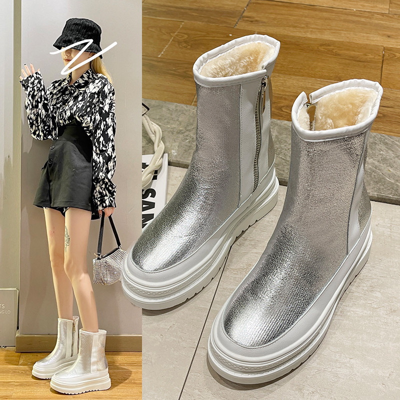 Snow Boots New Women's Winter Shoes Thick Sole Plaforms Ankle Boot Round Toe Thick Plush Warm Cotton Shoe Side Zip Silver Black