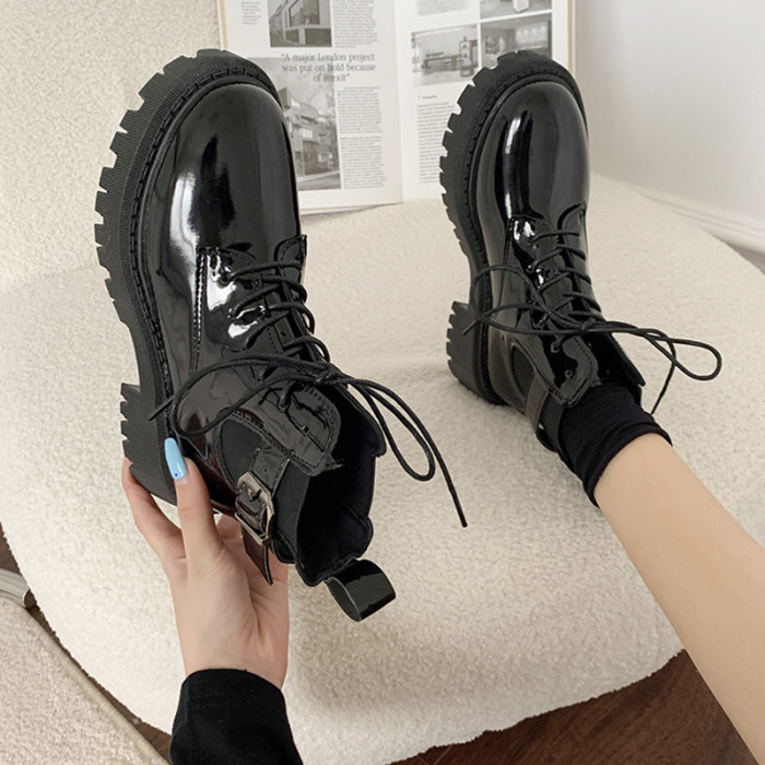 Rimocy Patent Leather Lace Up Motorcycle Boots Women Fashion Buckle Thick Platform Ankle Boots Woman Square Heel Chelsea Booties
