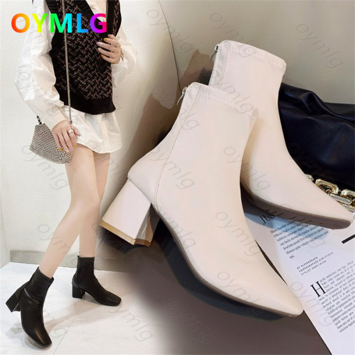 Thick heel short boots women's autumn winter 2021 new square toe soft material mid-heel stretch Martin boots mid-tube high heels