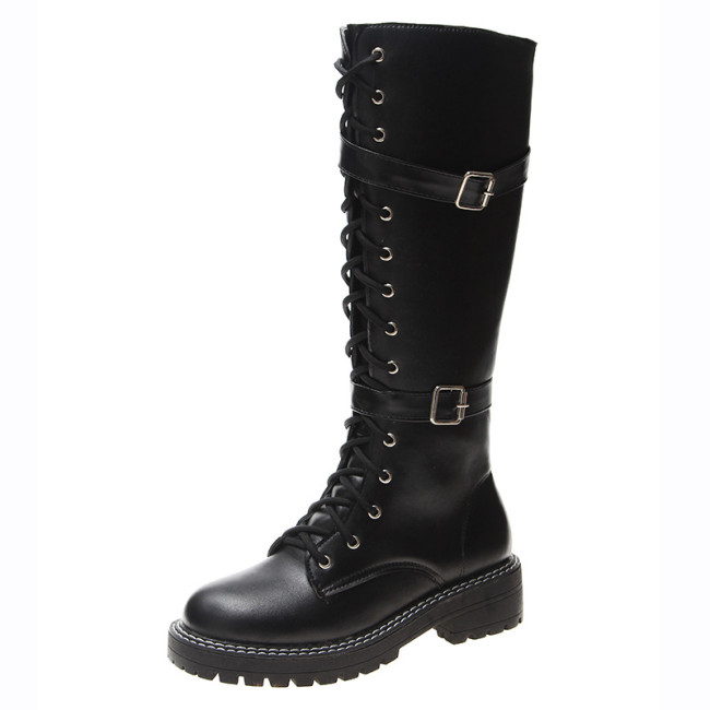2021 sexy knee-high boots lace-up fashion women boots Low heel shallow round head winter boots side zipper leather boots size 42