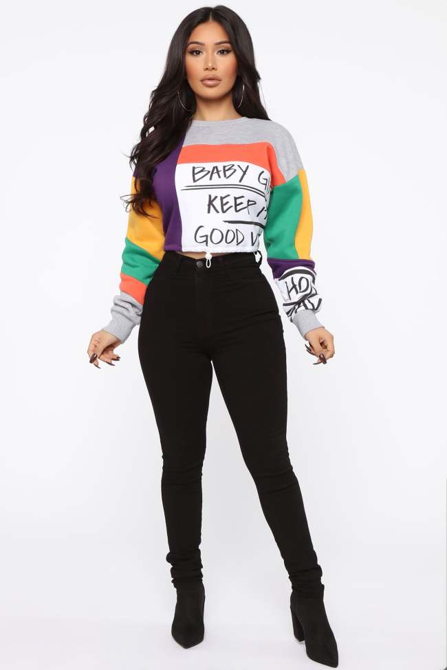 Writing's On The Wall Cropped Sweatshirt - Multi Color