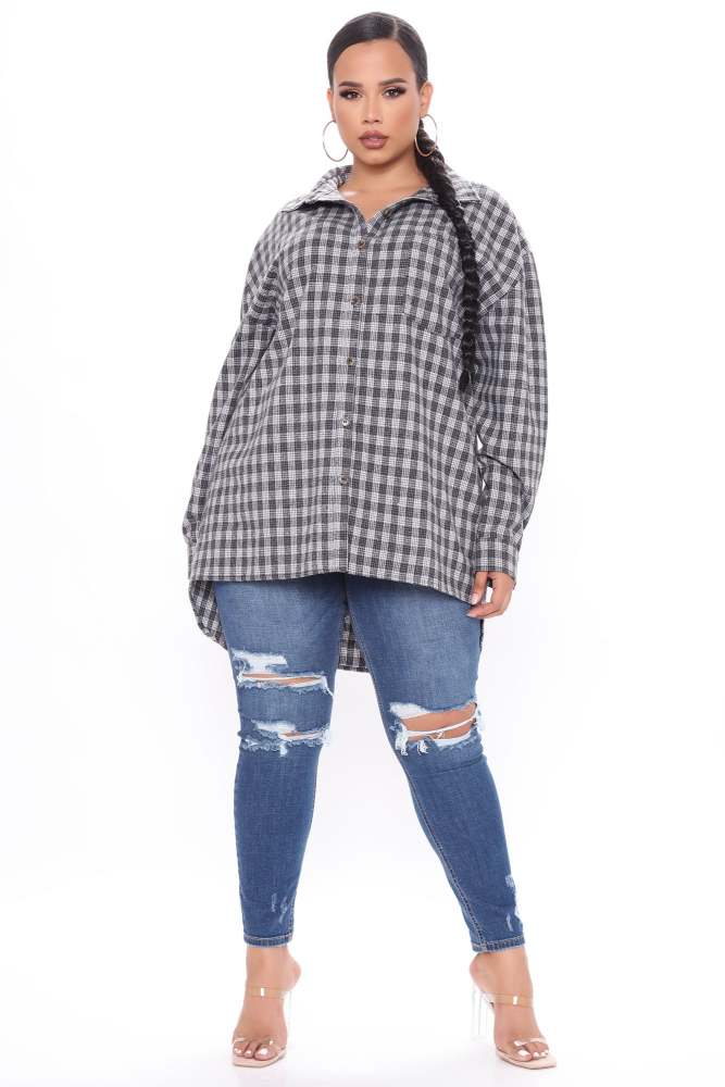 Slay The Day Oversized Flannel Shirt - Grey/combo