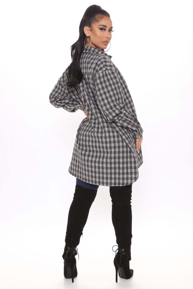 Slay The Day Oversized Flannel Shirt - Grey/combo