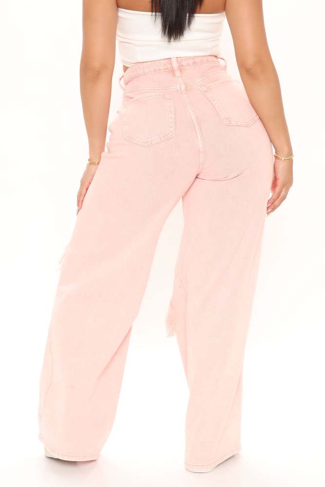 One Woman Show Distressed Wide Leg Jeans - Pink