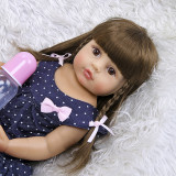 Boneca Bebê Reborn Silicone Menina Saia azul Olhos Castanhos 55cm IG-514