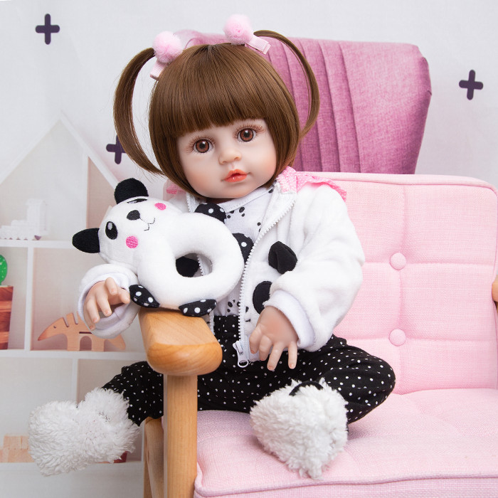 R$ 292.26 - Boneca Bebê Reborn Silicone Menina Panda Olhos Castanhos 48cm  IG-510 - www.topboneca.com