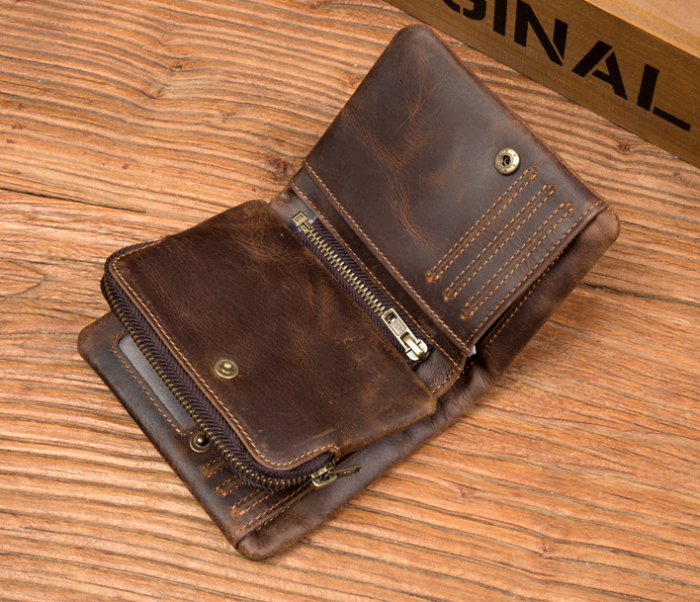 Horse leather wallet retro vertical zipper money collet layer cowhide simple old wallet man
