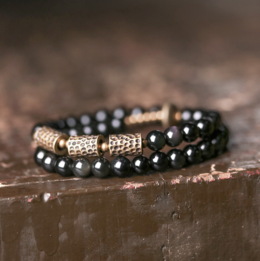 Eye colored Obsidian Obsidian beads double-layer Bracelet female retro personality Design Bracelet male adjustable