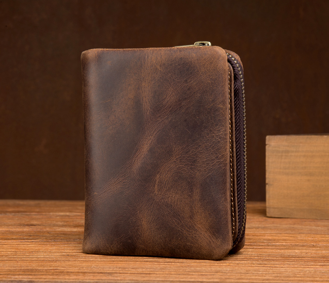 Horse leather wallet retro vertical zipper money collet layer cowhide simple old wallet man