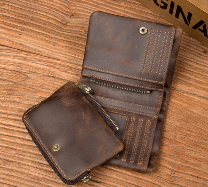Horse leather wallet retro vertical zipper money collet layer cowhide simple old wallet man