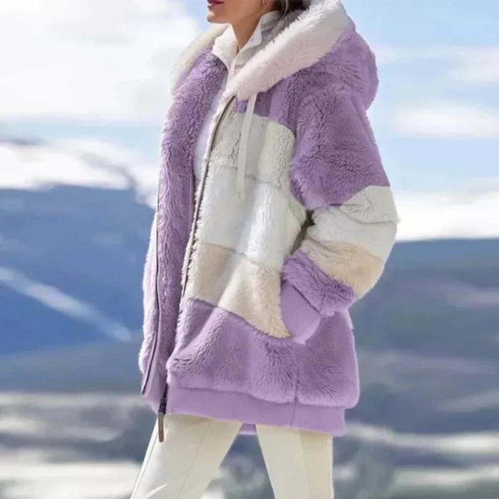 Women Coat New Plush Warm Fashion Patchwork Zipper Pocket Hooded Jacket Female Long Sleeve Plus Size Parka Outerwear Top