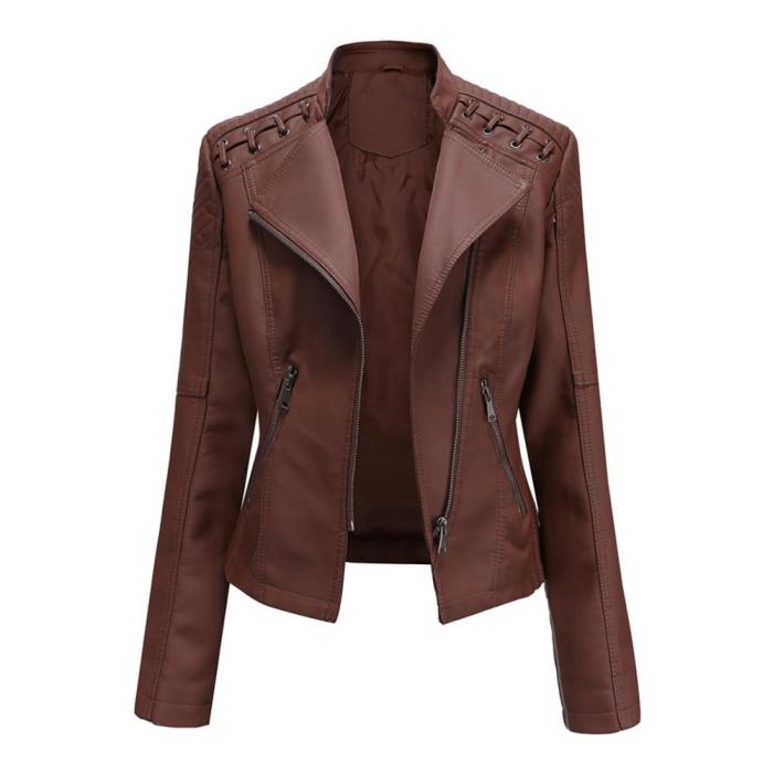 Women's Casual Jacket Pu Leather Patchwork Slim Zipper Multicolor Pockets Long Sleeve Punk Coat Autumn Femme Streetwear