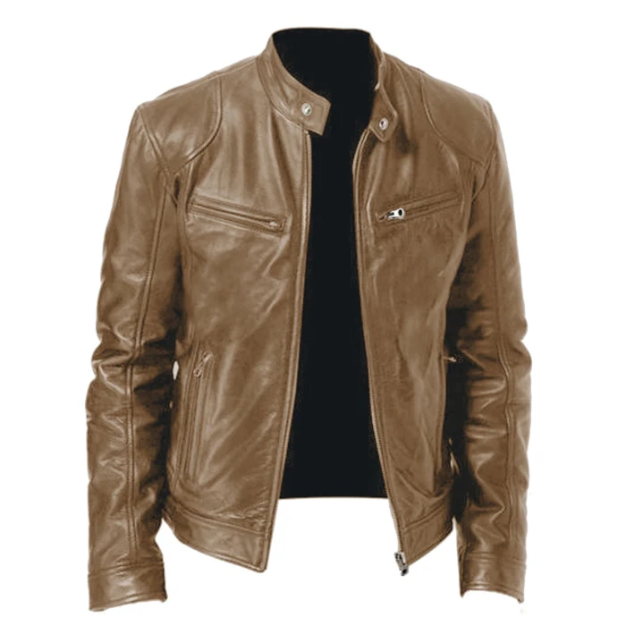 Retro men's fashion leather jacket calm temperament locomotive fashion jacket fold zipper led buckle leather jacket