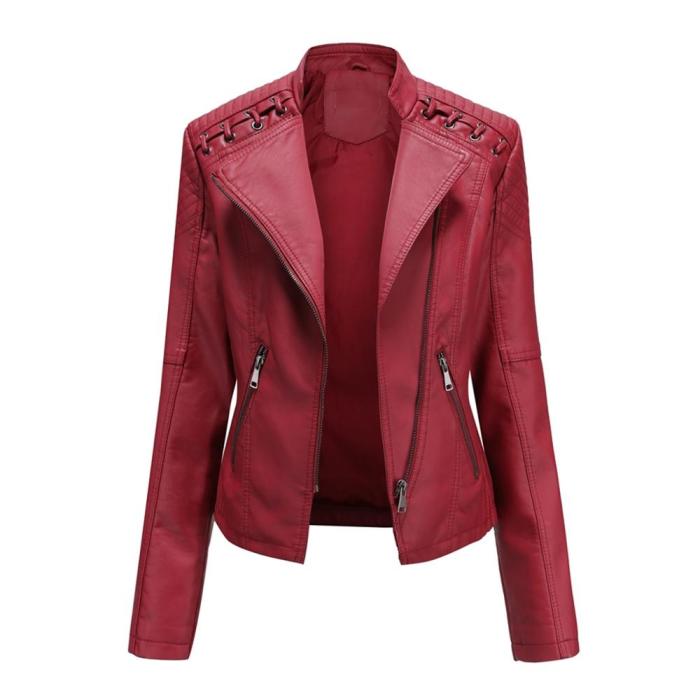 Women's Casual Jacket Pu Leather Patchwork Slim Zipper Multicolor Pockets Long Sleeve Punk Coat Autumn Femme Streetwear