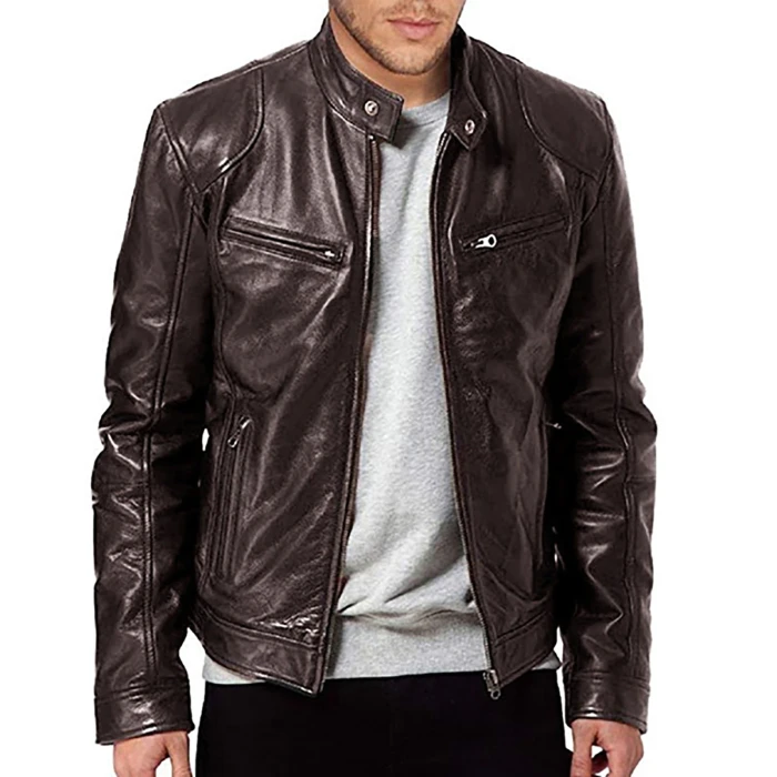 Retro men's fashion leather jacket calm temperament locomotive fashion jacket fold zipper led buckle leather jacket