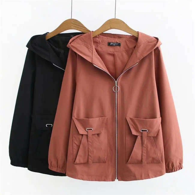 2021 Spring Autumn New Korean Style Women Long Sleeve Loose Casual Hooded Coat Big Pocket Zipper Jackets Plus Size Clothing V391