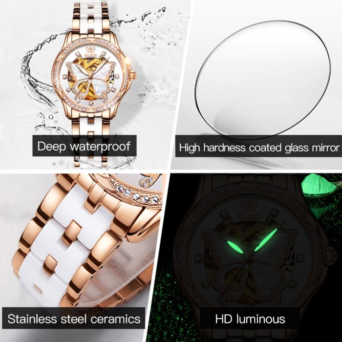 Olevs women's automatic mechanical Waterproof watch Swiss top brand luxury Diamond inlaid rose gold ceramic watch women's gift