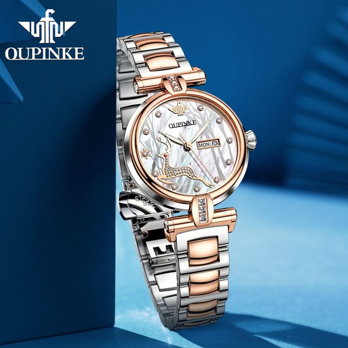 OUPINKE Automatic watches for Women Classic 3D deer luxury Mechanical Sapphire Crystal Rose Gold ladies watch Montre femme 3180