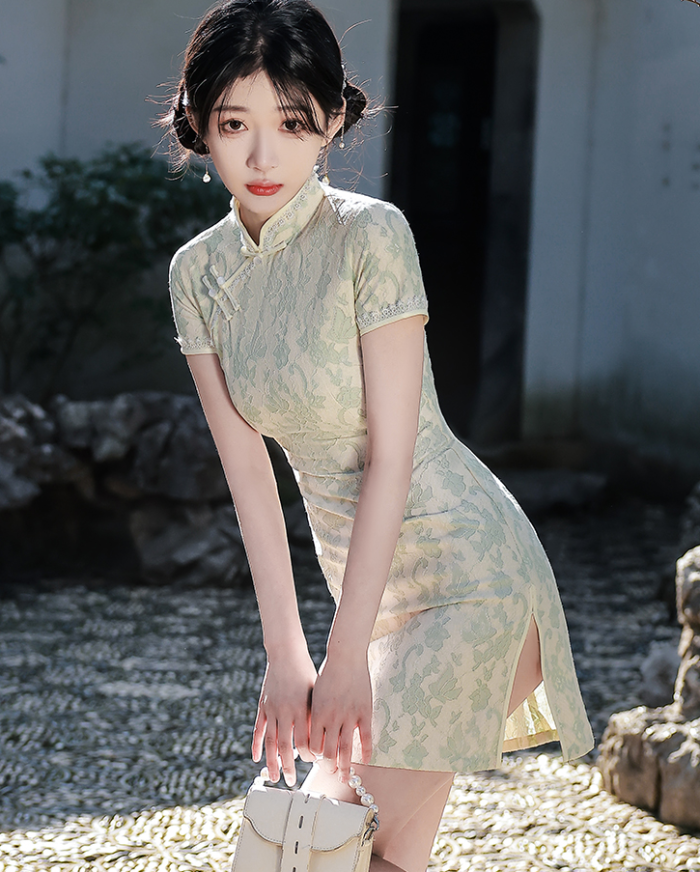 2022 New Dress Modified Cheongsam Summer Green Autumn