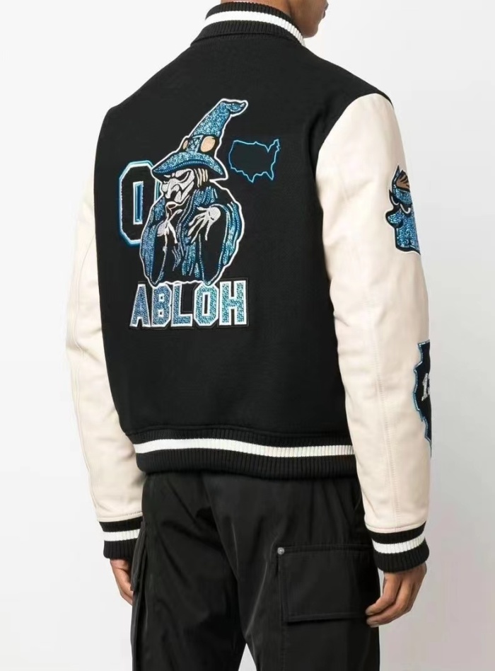Off White OW 22Fw Hot Diamond Embroidered Wool Panel Padded Baseball Jacket