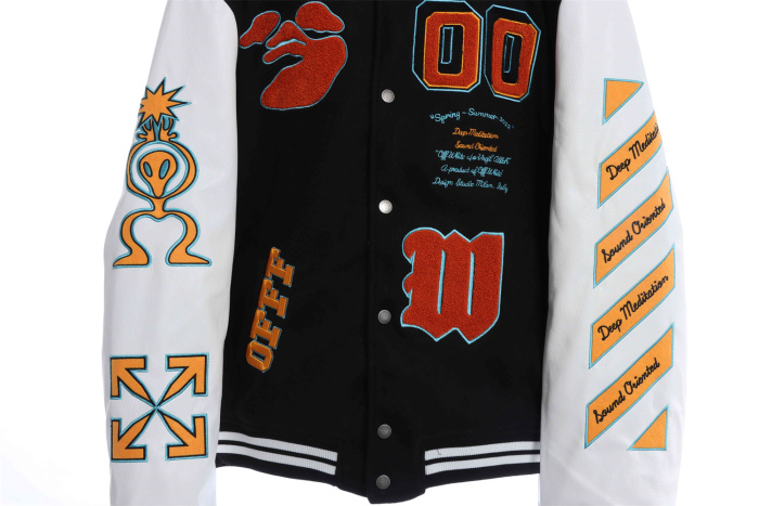 OW 22Fw alien arrow embroidered woolen stitching jacket thickened cotton baseball uniform jacket