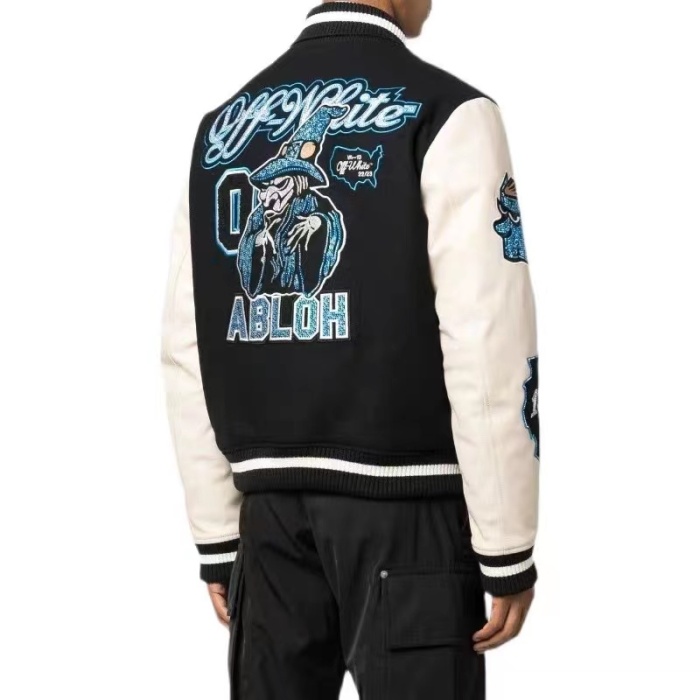 Off White OW 22Fw Hot Diamond Embroidered Wool Panel Padded Baseball Jacket