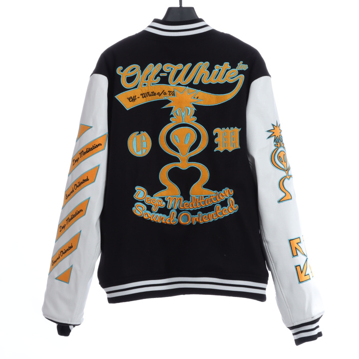 OW 22Fw alien arrow embroidered woolen stitching jacket thickened cotton baseball uniform jacket