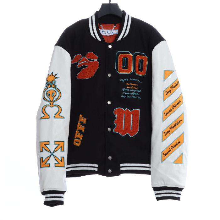 OW 22Fw alien arrow embroidered woolen stitching jacket thickened cotton baseball uniform jacket