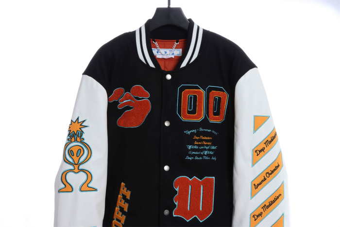 OW 22Fw alien arrow embroidered woolen stitching jacket thickened cotton baseball uniform jacket