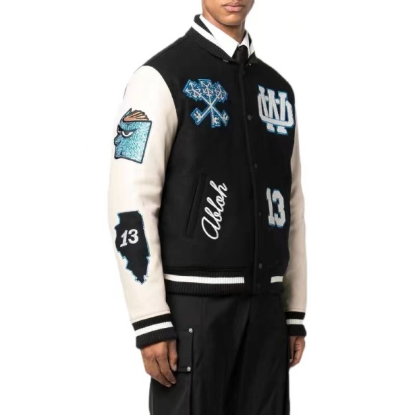 Off White OW 22Fw Hot Diamond Embroidered Wool Panel Padded Baseball Jacket