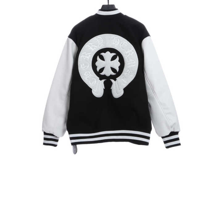 CH Embroidered Cross Wool and Leather Sleeves Baseball Jacket