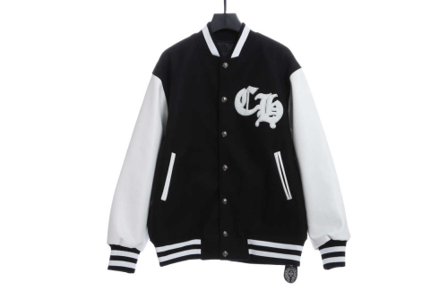 CH Embroidered Cross Wool and Leather Sleeves Baseball Jacket