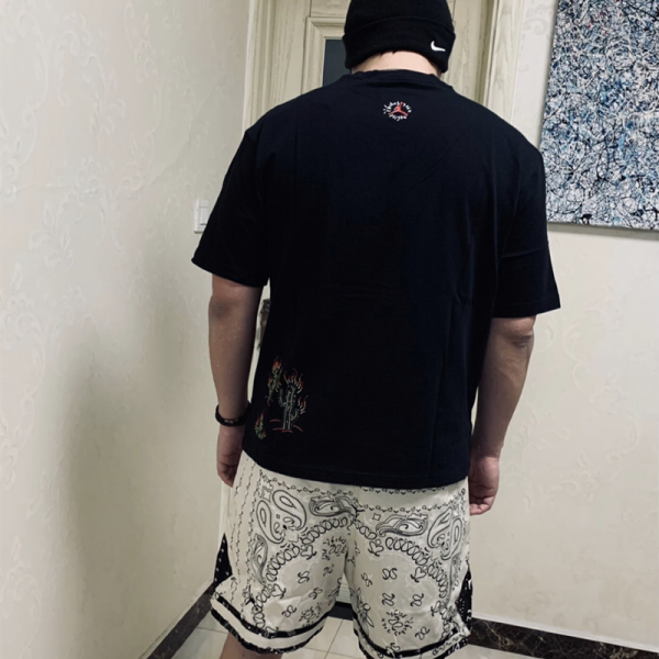 Travis Scott Flame printing water drill round collar and short sleeves