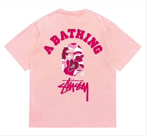 BAPE×Stuss! Pink Color Camo By Bathing Tee