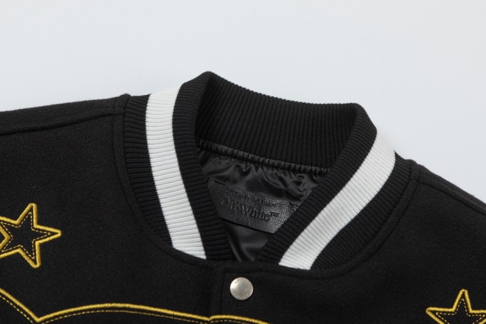 Off-White 2024 Fall/Winter new heavy embroidery rhinestone patchwork leather varsity jacket in black, unisex
