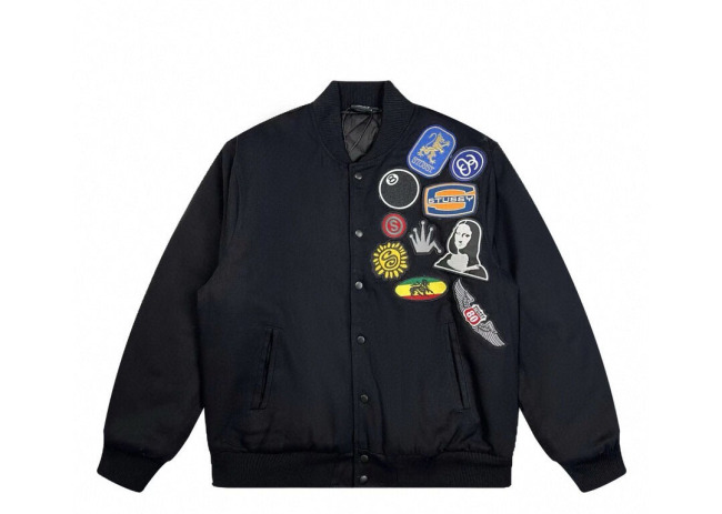 Stussy appliqué graphic print single-breasted logo stand-collar varsity jacket