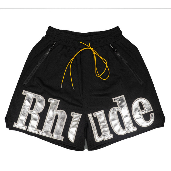 RHUDE Mesh & Faux Leather Panel Embroidered Letter Shorts