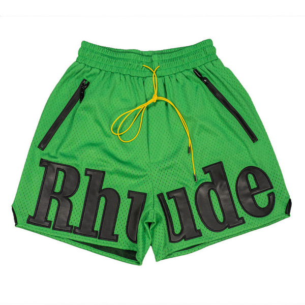 RHUDE Mesh & Faux Leather Panel Embroidered Letter Shorts