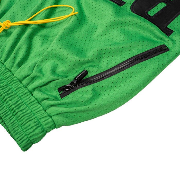 RHUDE Mesh & Faux Leather Panel Embroidered Letter Shorts