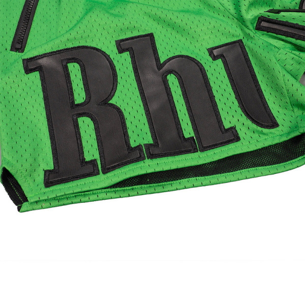 RHUDE Mesh & Faux Leather Panel Embroidered Letter Shorts