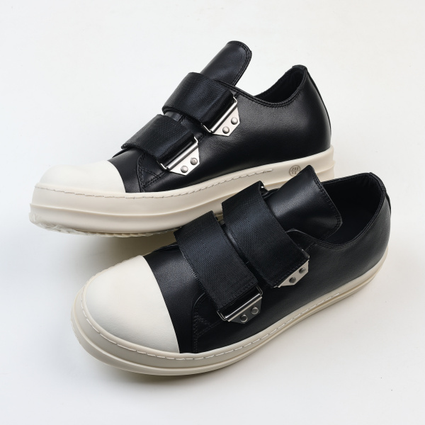 R!ck Owens Low Strap Sneaks in black leather with a white toe cap and sole